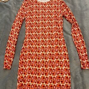 Nasty Gal Retro Orange and Red Long Sleeve Dress